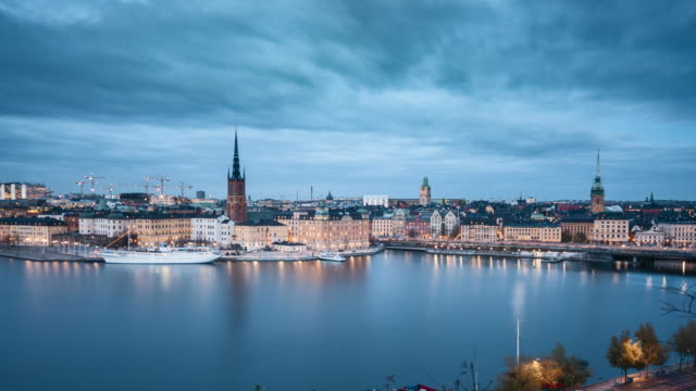 Stockholm-skyline-day-to-night-time-lapse,-Sweden,-Scandinavia