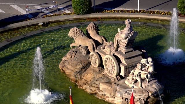 Aerial-view-of-Cibeles-fountain-at-Plaza-de-Cibeles-in-Madrid-in-a-sunny-day