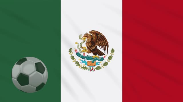Mexico-flag-waving-and-soccer-ball-rotates,-loop