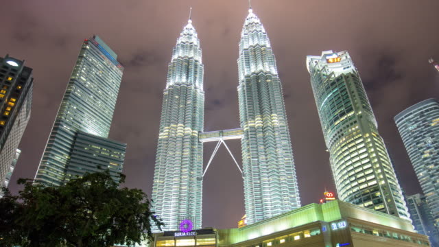 Malaysia-Nacht-Licht-Petronas-twin-Towers-KLCC-Einkaufszentrum-Innenstadt-Tops-Panorama-4k-Zeitraffer
