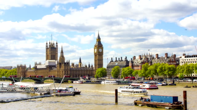 Big-Ben,-el-Parlamento-de-Westminster,-río-Támesis,-tiempo-transcurrido,-Londres