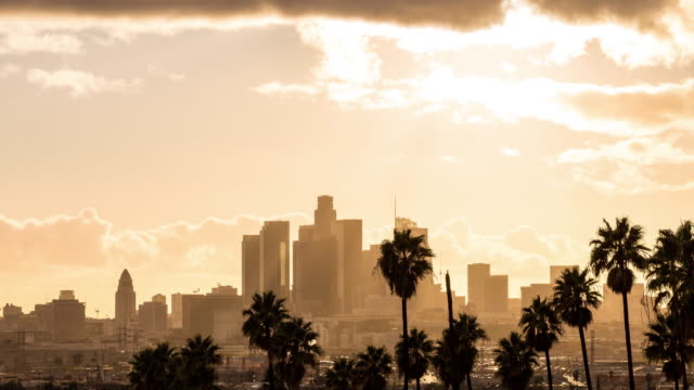 Downtown-Los-Angeles-Golden-Hour-Light-With-Clouds-and-Palm-Trees