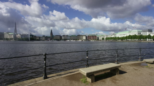 View-on-Stone-Bench-in-front-of-beautiful-Binnenalster-in-Hamburg-Germany