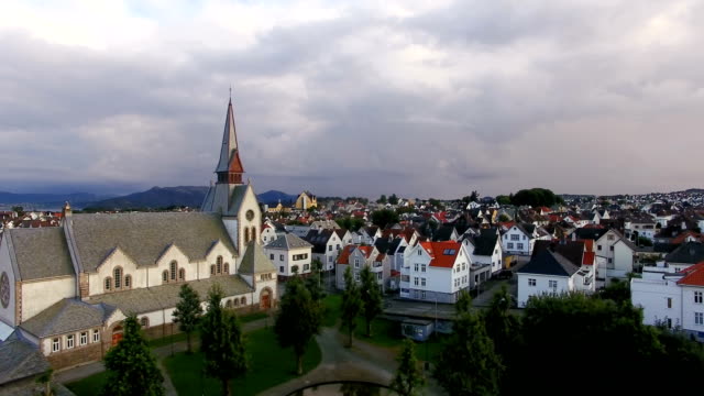 Aerial:-Saint-Johannes-Church-of-Stavanger,-Norway