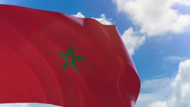 Render-3D-de-bandera-de-Marruecos-ondeando-sobre-fondo-de-cielo-azul-con-canal-alfa