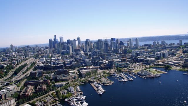 Heli-Panning-Seattle-Waterfront-Cityscape-on-Sunny-Day