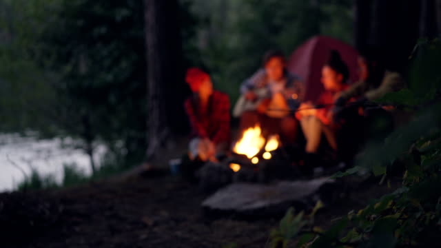 Blurred-footage-of-travelers-romantic-young-people-sitting-near-campfire-in-forest,-playing-the-guitar-and-singing.-Focus-on-tree-branch-with-leaves-in-foreground.