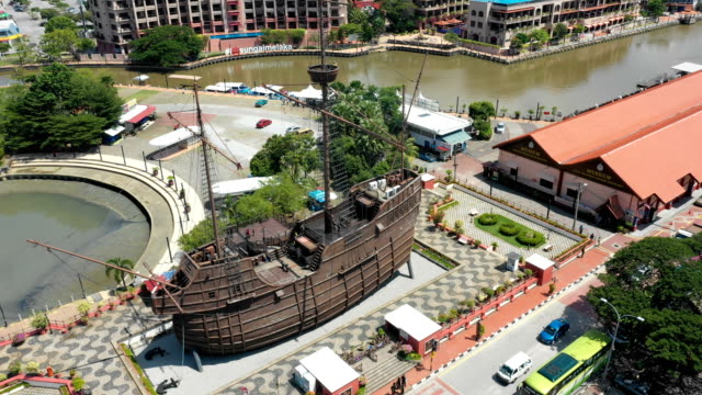 Aerial-view-of-Malacca-cityscape-with-The-Royal-Malaysian-Navy-Museum-at-daytime