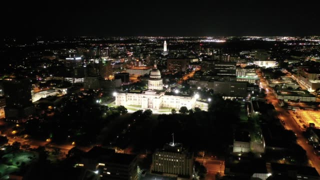 Aerial-of-Downtown-Austin,-Texas-at-Night