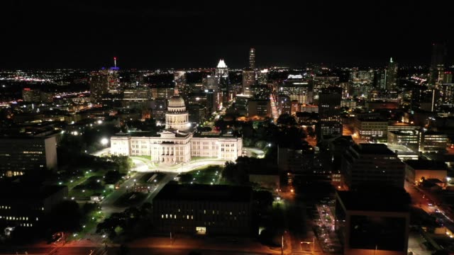 Aerial-of-Downtown-Austin,-Texas-at-Night