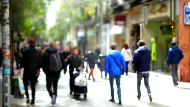 Movement-of-people-along-Fuencarral-street.-Madrid,-Spain.-Out-of-focus.	Slow-motion.
