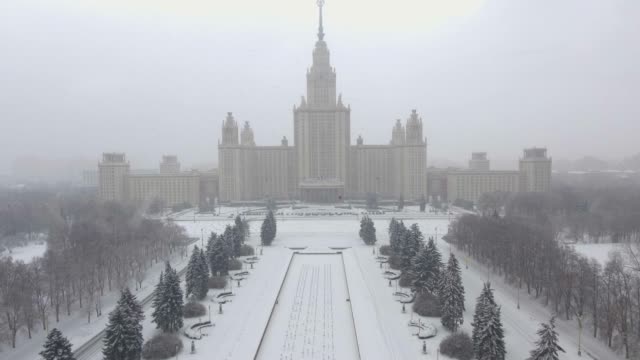 Aerial-footage-of-the-Stalinist-skyscraper,-architecture-of-the-USSR,-Soviet-Union