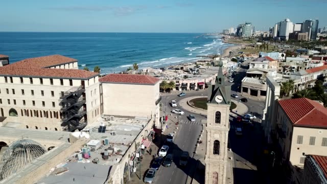 Aerial-View-of-Jaffa's-clock-tower-the-beach-and-Tel-Aviv