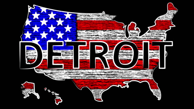 Detroit-Animation.-USA-der-Name-des-Landes.-Färben-der-Karte-und-des-Flags.