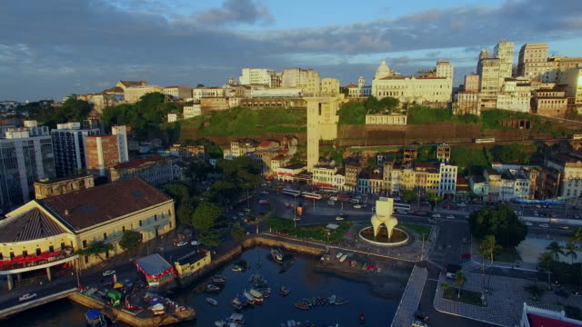 Aerial-View-of-All-Saints-Bay-at-Sunset-in-Salvador,-Bahia,-Brazil