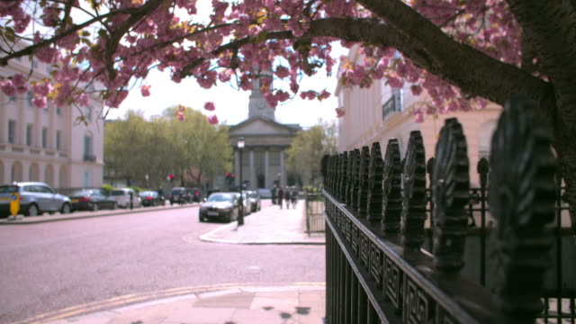 Calle-de-la-ciudad-en-la-primavera,-Marylebone,-Londres