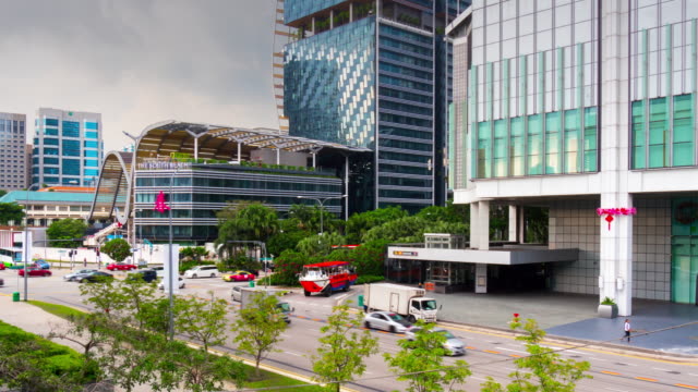 Singapur-Südstrand-Suntec-City-Mall-Verkehr-Straße-Dach-anzeigen-4-k-Zeitraffer