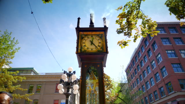 Con-motor-de-gasolina-histórico-Vancouver-reloj-de-vapor,-Gastown-centro-ciudad