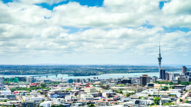 Time-Lapse---Ariel-View-of-Downtown-Auckland,-New-Zealand
