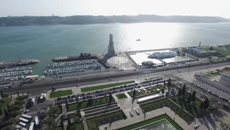 Aerial-View-of-Monument-to-the-discoveries,-Lisbon,-Portugal