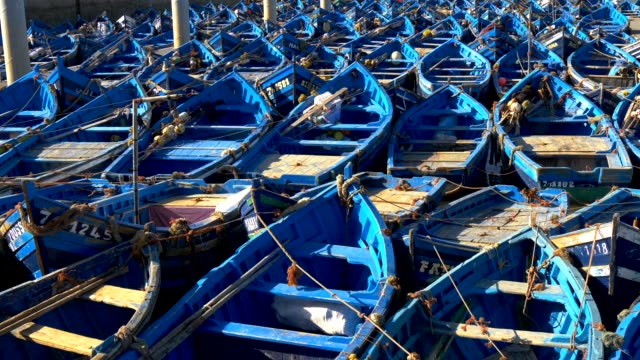 Blue-fishing-boats-in-Essaouira-harbor,-Morocco