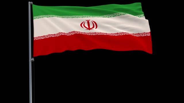 Bandera-de-Irán-en-un-asta-de-la-bandera-ondeando-en-el-viento-sobre-un-fondo-azul-transparente,-render-3d,-render-3d,-4-k-prores-4444-metraje-con-transparencia-alfa-de-aislar