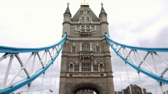 Low-angle-view-drone-dolly-shot-under-the-iconic-Tower-Bridge-in-London,-Great-Britain