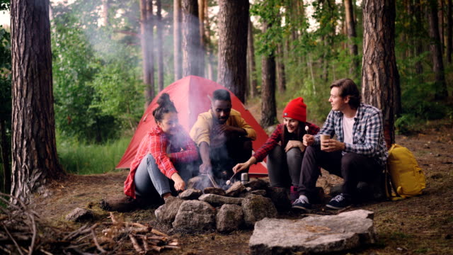 Multiracial-group-of-young-male-and-female-travelers-is-cooking-food-roasting-marshmallow-on-fire-sitting-in-forest-and-smiling.-Hiking,-healthy-lifestyle-and-youth-concept.