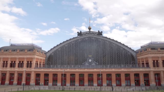 Front-view-of-the--Atocha-railway-station-in-Madrid,-Spain