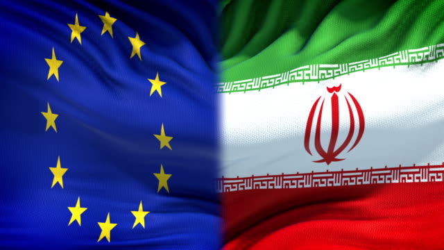 Europäischen-Union-und-dem-Iran-Fahnen-Hintergrund,-diplomatische-und-wirtschaftliche-Beziehungen