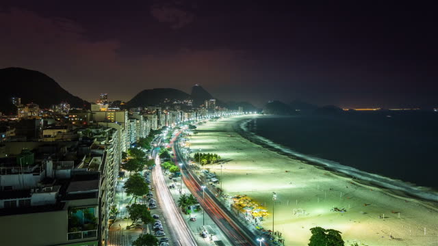 Copacabana-Beach-street-en-la-noche,-lapso-de-tiempo-de-tráfico