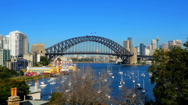 Lavender-Bay,-Sydney-Harbor-Bridge,-Luna-Park-(4K/UHD-to-HD)
