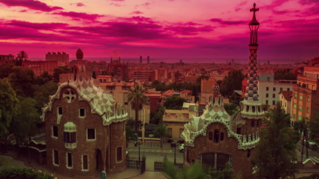 Barcelona-landmarks.-City-view-at-sunrise.-Sunrise-sky-over-Park-Guell