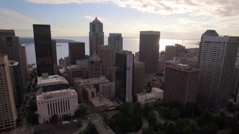 Seattle,-Washington-City-Aerial-with-Skyscraper-Buildings-and-Puget-Sound-in-the-Background