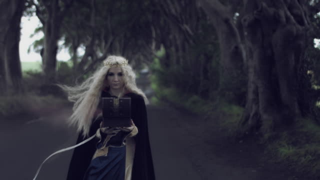 4k-Fantasy-Shot-in-Dark-Hedges,-Queen-Closing-a-Box-with-Smoke