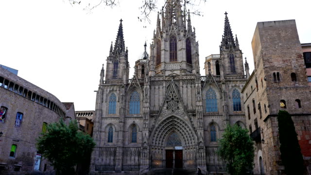 Die-Kathedrale-des-Heiligen-Kreuzes-und-Santa-Eulalia-im-gotischen-Viertel-von-Barcelona