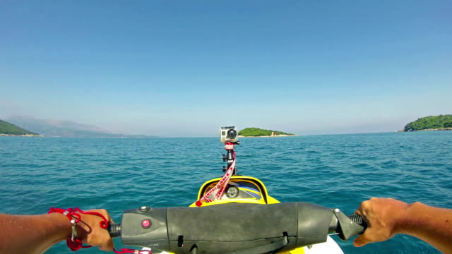 Jetski-sport-race-pov-on-circa-August-in-Corfu,-Greece.-Tourism-and-recreation-is-main-source-of-income-to-Corfu-island.-Beautiful-clear-green-water.
