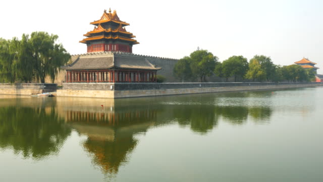 weiten-Blick-über-den-Wassergraben-und-Ecke-Turm-der-Verbotenen-Stadt,-Peking