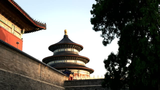 Sonnenuntergang-erschossen-von-der-Außenseite-der-Tempel-des-Himmels,-Peking
