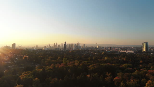 Cinematic-Aerial-of-Frankfurt-Skyline-panorama-at-sunset