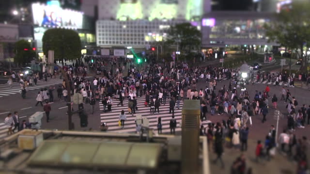 Personas-de-la-cámara-lenta-en-el-cruce-de-Shibuya-en-Tokio,-Japón-de-noche