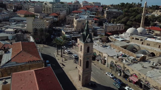 Luftaufnahme-der-Jaffa-Uhrturm-und-die-alte-Stadt
