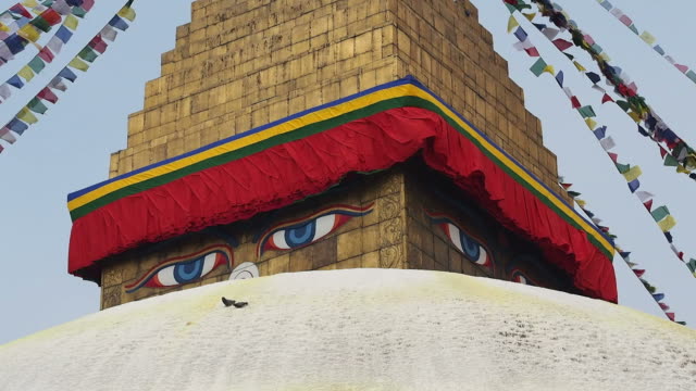 Eyes-of-Buddha-on-Boudhanath-Stupa,-Kathmandu,-Nepal