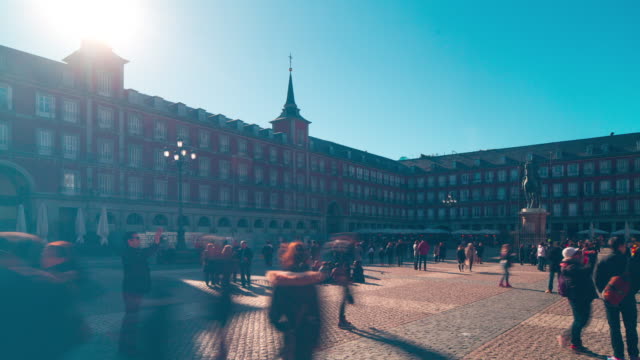 Sonne-Licht-Plaza-Bürgermeister-überfüllten-Tourist-Veranstaltungsraum-\"-panorama\"--4-k-Zeitraffer-Spanien