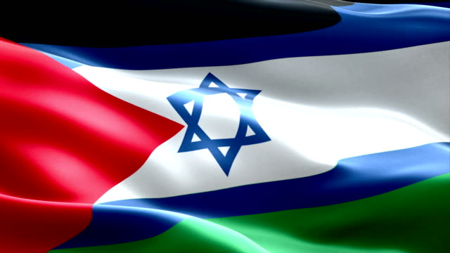 Israel-Flagge-in-Palästina-Flagge-winken-Textur-Stoff,-Hintergrund,-Krise-der-Israel-und-Islam-Palästina,-union-Frieden-Gaza-Streifen