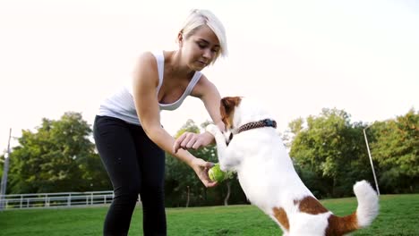 Young-woman-training-little-cute-jack-russel-terrier-in-park