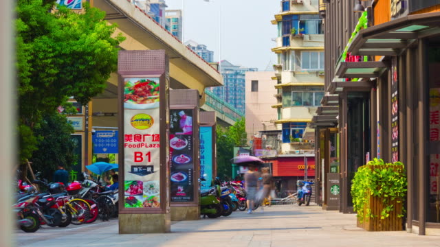 Tageszeit-shanghai-Stadt-Bürgersteig-quadratische-Läden-Panorama-4k-Zeitraffer-china