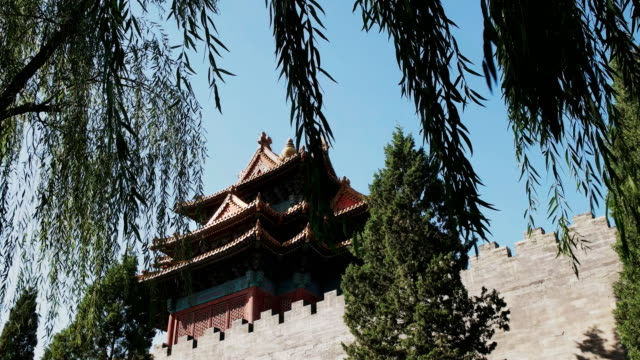 Torre-de-la-ciudad-prohibida-en-Pekín-y-sauces