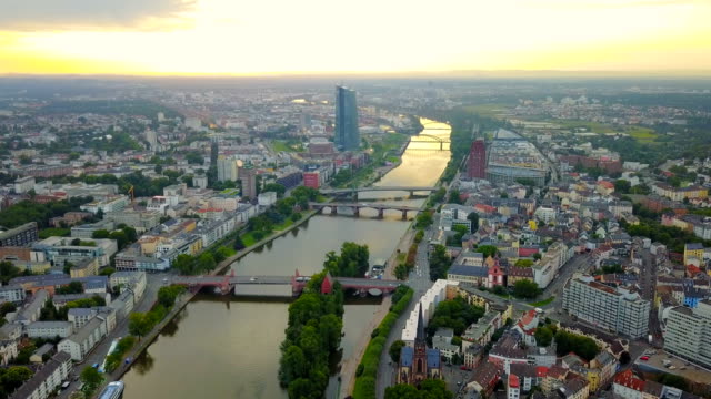 aerial-view-of--Frankfurt-city-with-river-and-skyscrapers-during-sunrise