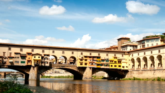 Florence-in-Italy.-Ponte-Vecchio-on-a-sunny-day.-The-famous-medieval-bridge-over-the-Arno-river,-in-Florence,-Italy.-Timelapse-and-zoom-effect,-4K-UHD-Video.-Nikon-D300